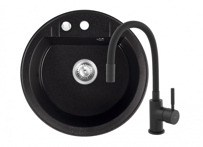 Set Chiuveta bucatarie Ferro Mezzo II 1 Cuva Rotunda 51 cm GRAFIT si Baterie Ferro NERO cu Pipa Flexibila [1]