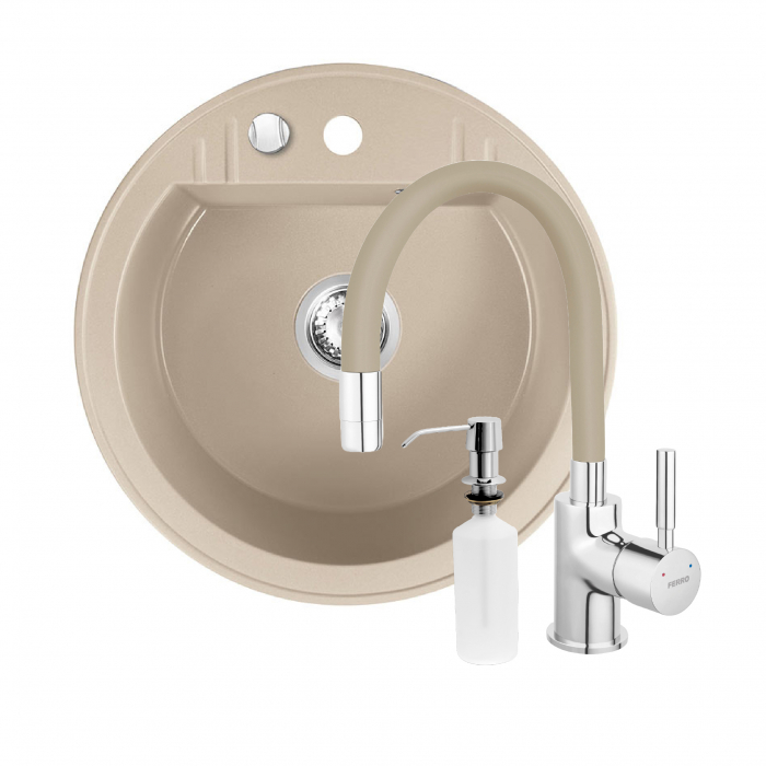Set Chiuveta bucatarie Ferro Mezzo II 1 Cuva Rotunda 51 cm si Baterie Ferro Zumba cu Pipa Flexibila+Dozator detergent FERRO [1]