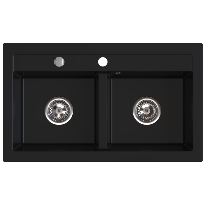 Set chiuveta Ferro granit cu 2 cuve 45 × 75 cm Negru Mat+Baterie flexibila Ferro neagra [2]