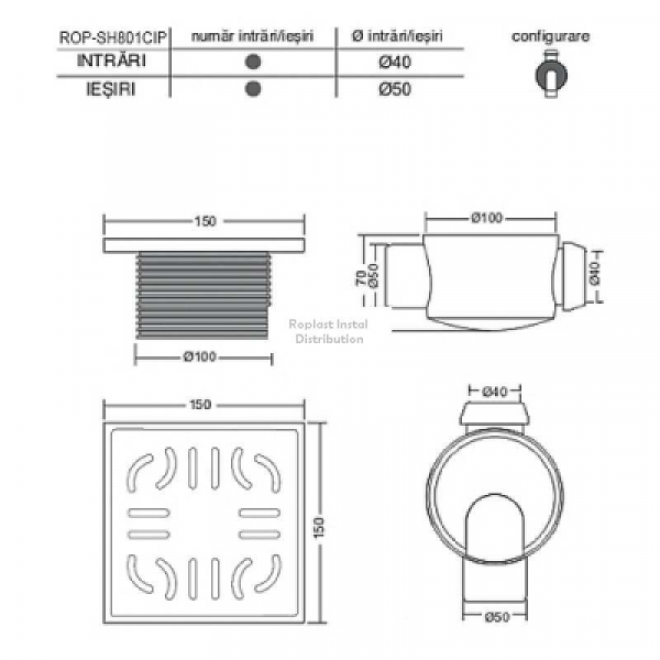Sifon pard H=80 o iesire Ø50 si o intrare Ø40 la 180gr (paralel) cu garnitura si înaltator inox [2]