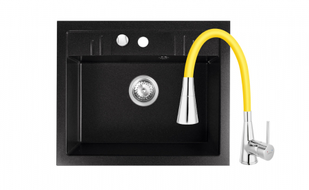 Promotii pachete chiuveta + baterie - Set chiuveta Ferro Granit Mezzo II,1 cuva nisip-grafit 580x480 mm+ baterie cu pipa flexibila 2 functii Ferro negru