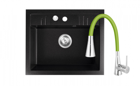 Promotii pachete chiuveta + baterie - Set chiuveta Ferro Granit Mezzo II,1 cuva nisip-grafit 580x480 mm+ baterie cu pipa flexibila 2 functii Ferro negru