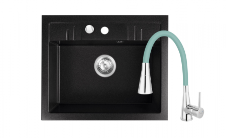 Promotii pachete chiuveta + baterie - Set chiuveta Ferro Granit Mezzo II,1 cuva nisip-grafit 580x480 mm+ baterie cu pipa flexibila 2 functii Ferro negru