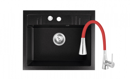 Promotii pachete chiuveta + baterie - Set chiuveta Ferro Granit Mezzo II,1 cuva nisip-grafit 580x480 mm+ baterie cu pipa flexibila 2 functii Ferro negru