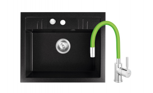 Promotii pachete chiuveta + baterie - Set chiuveta granit Ferro , 1 cuva grafit, 58x48, cu baterie flexibila Ferro neagra