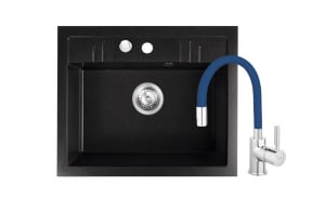 Promotii pachete chiuveta + baterie - Set chiuveta granit Ferro , 1 cuva grafit, 58x48, cu baterie flexibila Ferro neagra