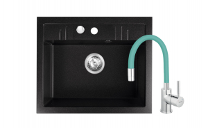 Promotii pachete chiuveta + baterie - Set chiuveta granit Ferro , 1 cuva grafit, 58x48, cu baterie flexibila Ferro neagra