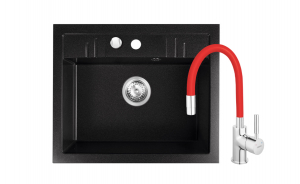 Promotii pachete chiuveta + baterie - Set chiuveta granit Ferro , 1 cuva grafit, 58x48, cu baterie flexibila Ferro neagra