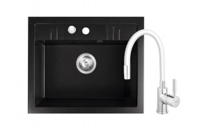 Promotii pachete chiuveta + baterie - Set chiuveta granit Ferro , 1 cuva grafit, 58x48, cu baterie flexibila Ferro neagra
