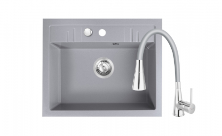 Promotii pachete chiuveta + baterie - Set Chiuveta Ferro Mezzo II 1 Cuva 580 x 480 mm GRI si Baterie Ferro cu Pipa Elastica ZUMBA II cu 2 functii