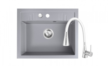 Amenajare bucatarie - Set Chiuveta Ferro Mezzo II 1 Cuva 580 x 480 mm GRI si Baterie Ferro cu Pipa Elastica ZUMBA II cu 2 functii
