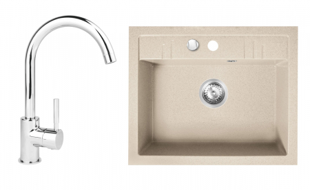 Amenajare bucatarie - Set Chiuveta bucatarie Ferro Mezzo II 1 Cuva 580 x 480 mm NISIP si Baterie Ferro Lugio BLG4 Crom