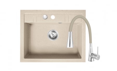 Promotii pachete chiuveta + baterie - Set chiuveta granit Ferro , o cuva 58x48, nisip cu baterie flexibila cu 2 functii Ferro bej