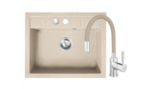 Set Chiuveta bucatarie Ferro Mezzo II 1 Cuva 580 x 480 mm NISIP si Baterie Ferro Zumba cu Pipa Flexibila