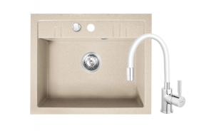 Promotii pachete chiuveta + baterie - Set Chiuveta bucatarie Ferro Mezzo II 1 Cuva 580 x 480 mm NISIP si Baterie Ferro Zumba cu Pipa Flexibila