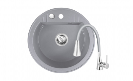 Amenajare bucatarie - Set Chiuveta bucatarie Ferro Mezzo II 1 Cuva Rotunda 51 cm GRI si Baterie Ferro cu Pipa Flexibila Zumba II cu 2 functii