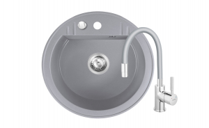 Promotii pachete chiuveta + baterie - Set chiuveta Ferro granit rotunda, 51 cm , gri cu baterie flexibila Ferro gri
