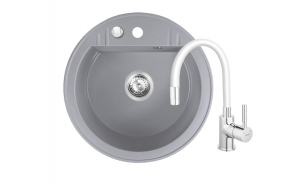 Promotii pachete chiuveta + baterie - Set chiuveta Ferro granit rotunda, 51 cm , gri cu baterie flexibila Ferro gri