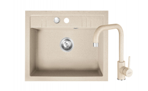 Promotii pachete chiuveta + baterie - Set Chiuveta bucatarie Ferro Mezzo II 1 Cuva 580 x 480 mm NISIP si Baterie Ferro FREYA stativa bucatarie BRF42S
