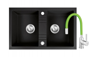 Promotii pachete chiuveta + baterie - Set chiuveta Ferro granit 78x48 grafite ,2 cuve,cu baterie flexibila Ferro negru