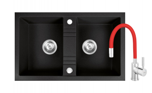 Promotii pachete chiuveta + baterie - Set chiuveta Ferro granit 78x48 grafite ,2 cuve,cu baterie flexibila Ferro negru