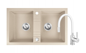 Promotii pachete chiuveta + baterie - Set chiuveta Ferro granit 78x48 nisip ,2 cuve, cu baterie flexibila Ferro bej