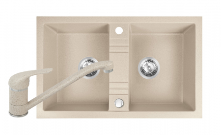 Promotii pachete chiuveta + baterie - Set Chiuveta bucatarie Ferro Mezzo II 2 Cuve 78x48 cm NISIP si Baterie Ferro FREYA stativa bucatarie BRF4S