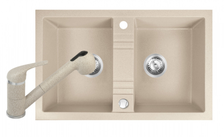Promotii pachete chiuveta + baterie - Set Chiuveta bucatarie Ferro Mezzo II 2 Cuve 78x48 cm NISIP si Baterie Ferro FREYA stativa bucatarie  cu dus extractibil BFR8S