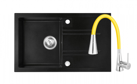 Promotii pachete chiuveta + baterie - Set chiuveta Ferro Granit Mezzo II,cu o cuva si picurator nisip-grafit 780x480 mm+ baterie cu pipa flexibila 2 functii Ferro negru