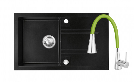 Promotii pachete chiuveta + baterie - Set chiuveta Ferro Granit Mezzo II,cu o cuva si picurator nisip-grafit 780x480 mm+ baterie cu pipa flexibila 2 functii Ferro negru