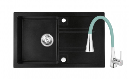 Promotii pachete chiuveta + baterie - Set chiuveta Ferro Granit Mezzo II,cu o cuva si picurator nisip-grafit 780x480 mm+ baterie cu pipa flexibila 2 functii Ferro negru