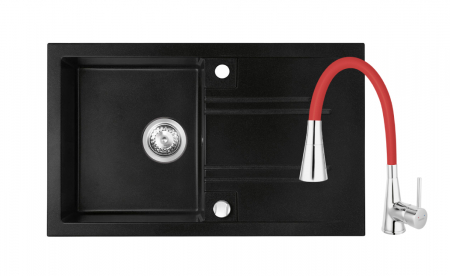Promotii pachete chiuveta + baterie - Set chiuveta Ferro Granit Mezzo II,cu o cuva si picurator nisip-grafit 780x480 mm+ baterie cu pipa flexibila 2 functii Ferro negru