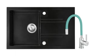 Promotii pachete chiuveta + baterie - Set chiuveta Ferro granit 78x48 grafite cu baterie flexibila Ferro negru