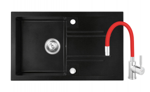 Promotii pachete chiuveta + baterie - Set chiuveta Ferro granit 78x48 grafite cu baterie flexibila Ferro negru