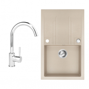 Promotii pachete chiuveta + baterie - Chiuveta bucatarie simpla Ferro Mezzo II Nisip 1 Cuva si Picurator 78x48cm si Baterie Ferro Lugio BLG4 Crom