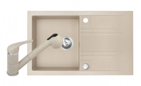 Promotii pachete chiuveta + baterie - Set Chiuveta bucatarie Ferro Mezzo II 1 Cuva si Picurator 78x48 cm NISIP si Baterie Ferro FREYA stativa bucatarie cu dus extractibil BFR8S