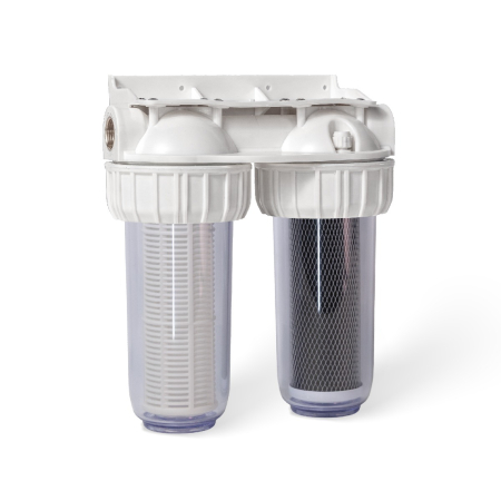 Instalatii apa/gaz/canalizare - Filtre de apa AQUAQUBE 2 x 7” cu 1/2” in linie pentru filtrare mecanica cu 2 cartuse filtrante - nylon + carbune activ