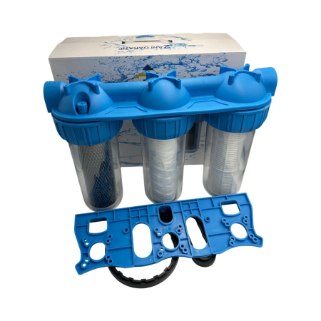 Instalatii apa/gaz/canalizare - Filtre de apa AQUAQUBE 3 x 10” cu 1” in linie pentru filtrare mecanica cu 3 cartuse filtrante - nylon + polipropilena + carbune activ