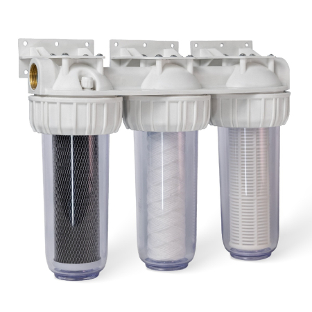 Filtre de apa - Filtre de apa AQUAQUBE 3 x 10” cu 3/4” in linie pentru filtrare mecanica cu 3 cartuse filtrante - nylon + polipropilena + carbune activ