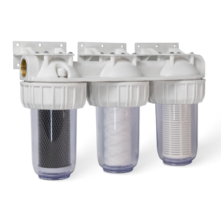 Filtre de apa - Filtre de apa AQUAQUBE 3 x 5” cu 1” in linie pentru filtrare mecanica cu 3 cartuse filtrante - nylon + polipropilena + carbune activ