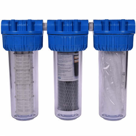 Filtre de apa - Filtre de apa TITAN 3 x 10” cu 1” in linie pentru filtrare mecanica cu 3 cartuse filtrante - nylon + polipropilena + carbune activ