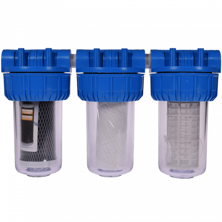 Filtre de apa - Filtre de apa TITAN 3 x 7” cu 1/2” in linie pentru filtrare mecanica cu 3 cartuse filtrante - nylon + polipropilena + carbune activ
