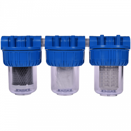 Filtre de apa - Filtre de apa TITAN 3 x 5” cu 1” in linie pentru filtrare mecanica cu 3 cartuse filtrante - nylon + polipropilena + carbune activ