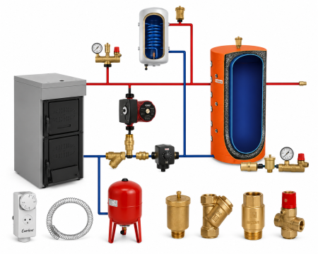 Pachete Centrale/Cazane termice pe lemne si carbune FARA GAZEIFICARE - Pachet Cazan din FONTA pe combustibil solid HUNOR 23KW cu accesorii instalare si puffer 500L