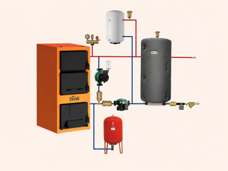 Pachet centrale termice si cazane pe lemne si carbune - Pachet Cazan din otel pe combustibil solid FERROLI JAR 50 kw cu accesorii instalare si puffer 1000L