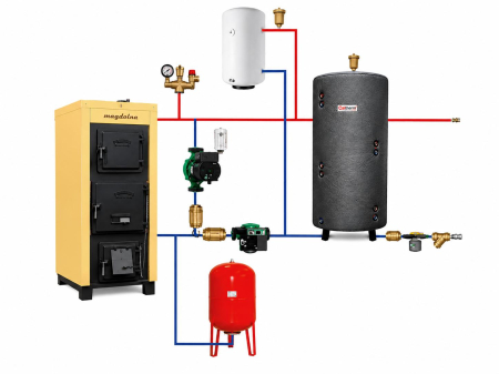 Pachet centrale termice si cazane pe lemne si carbune - Pachet Cazan din otel pe combustibil solid Magdolna Premium 41 kw cu accesorii instalare si puffer 1000L