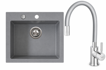 Promotii pachete chiuveta + baterie - Set Chiuvetă bucătărie din granit, o cuvă, 45 × 49 cm FERRO STAMPO Gri, adâncime cuvă 205 mm+Baterie flexibila FERRO gri