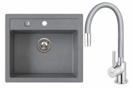 Promotii pachete chiuveta + baterie - Set Chiuvetă bucătărie din granit, o cuvă, 51 × 56 cm FERRO STAMPO Gri, adâncime cuvă 210 mm+Baterie flexibila FERRO gri