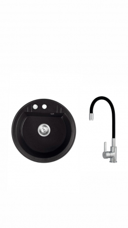 Promotii pachete chiuveta + baterie - Set Chiuveta bucatarie Ferro Mezzo II 1 Cuva Rotunda 51 cm GRAFIT si Baterie cu Pipa Flexibila neagra ER-A208N