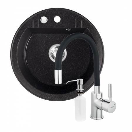 Promotii pachete chiuveta + baterie - Set Chiuveta bucatarie Ferro Mezzo II 1 Cuva Rotunda 51 cm GRAFIT si Baterie Ferro Zumba cu Pipa Flexibila+Dozator detergent FERRO